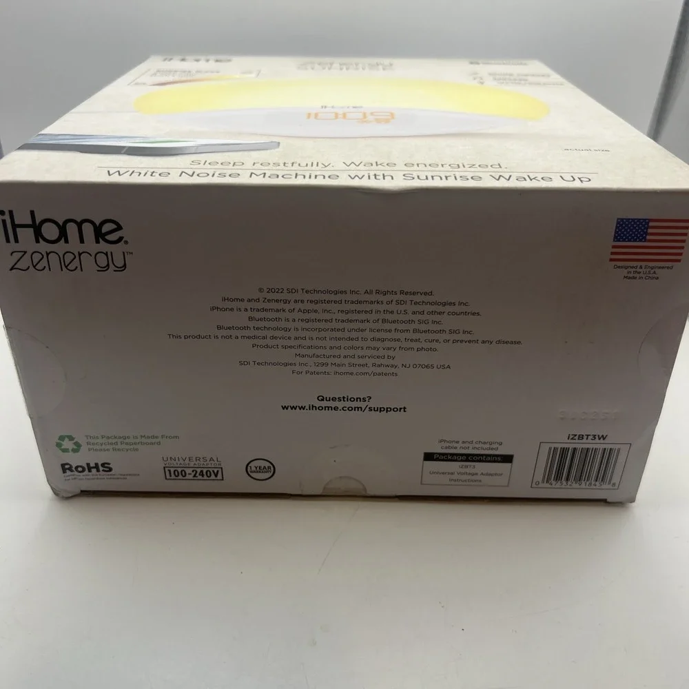 iHome Zenergy Sunrise Alarm Clock White Noise Sound Machine Bluetooth Speaker